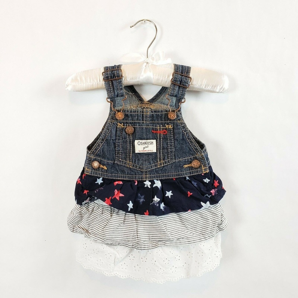 Osh Kosh Overalls Denim Dress Star Jumper Girls Ruffled Tiered Skirt Vestbak 9M